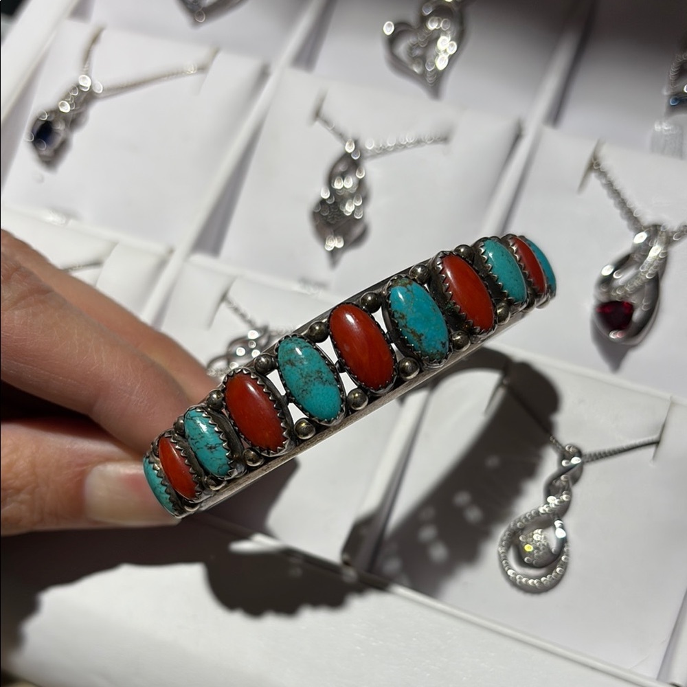 Silver and Blue Cuff Bracelet with Alternating Stones